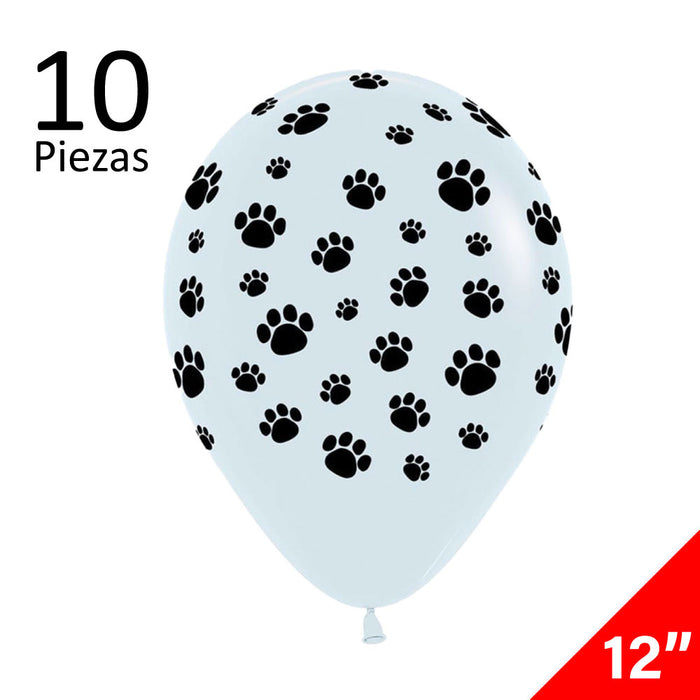 10 Globos Látex HUELLAS DE PERRO Blanco Tamaño 12"