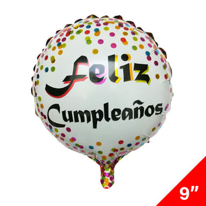 Globo Metálico Redondo Feliz Cumpleaños 9" Blanco/Puntos