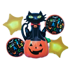 Set de 5 Globos Metálicos Halloween Dia de Muertos "Calabaza con Gato"