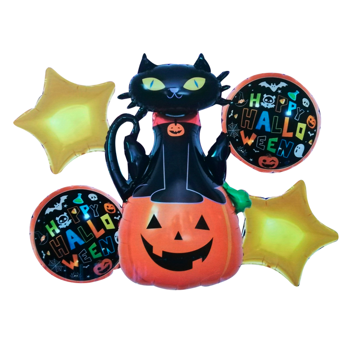 Set de 5 Globos Metálicos Halloween Dia de Muertos "Calabaza con Gato"