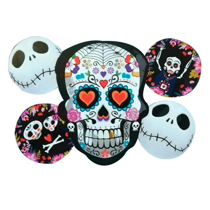 Set de 5 Globos Metálicos Halloween Dia de Muertos "Calavera con Fantasmas"