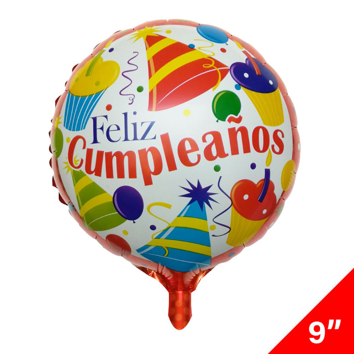 Globo Metálico Redondo Feliz Cumpleaños 9" Blanco/Gorritos