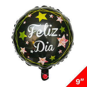 Globo Metálico Redondo Feliz Cumpleaños 9" Negro/Estrellas