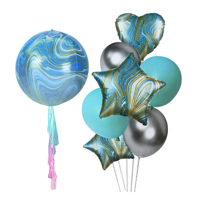 Kit de 8 Globos con Globo Esférico 4D y Flecos - Azul