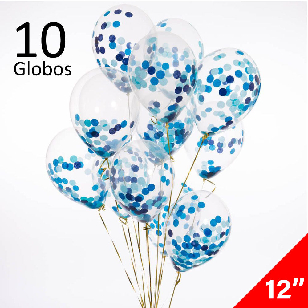 10 Globos Transparentes con Confeti Azul Tamaño 12 Látex –