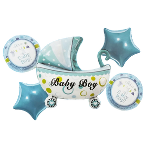 Set de 5 Globos Metálicos "It's a Baby Boy con Carriola" Azul