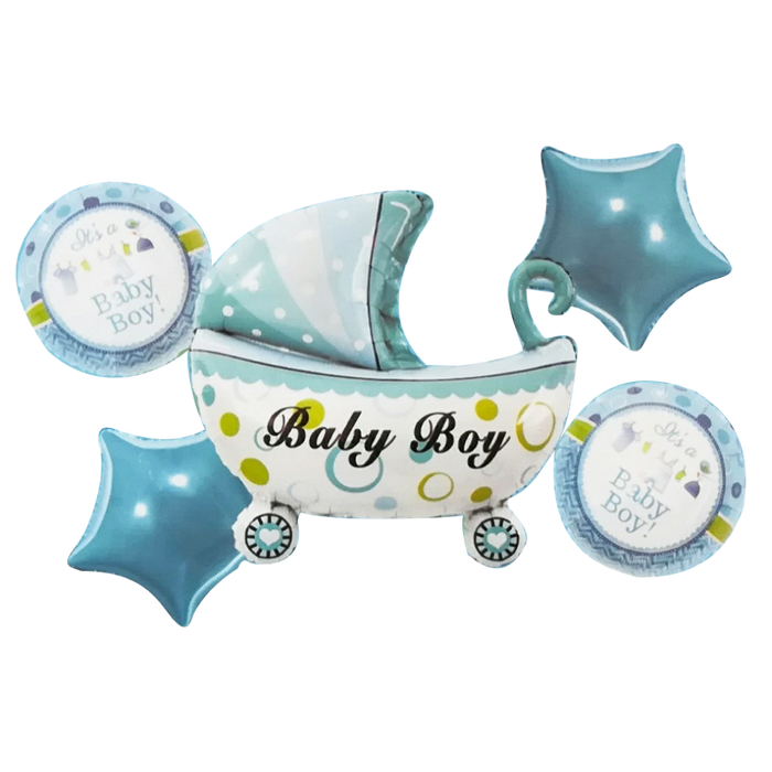 Set de 5 Globos Metálicos "It's a Baby Boy con Carriola" Azul