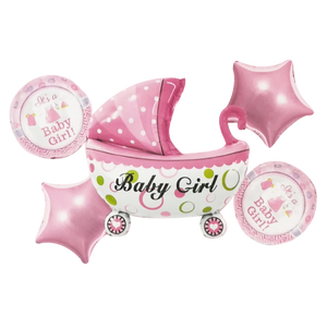 Set de 5 Globos Metálicos "It's a Baby Girl con Carriola" Rosa