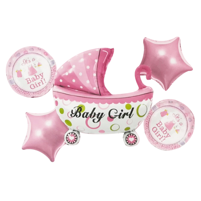 Set de 5 Globos Metálicos "It's a Baby Girl con Carriola" Rosa