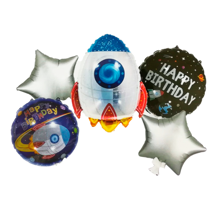 Set de 5 Globos Metálicos "Cohete Espacial Happy Birthday"