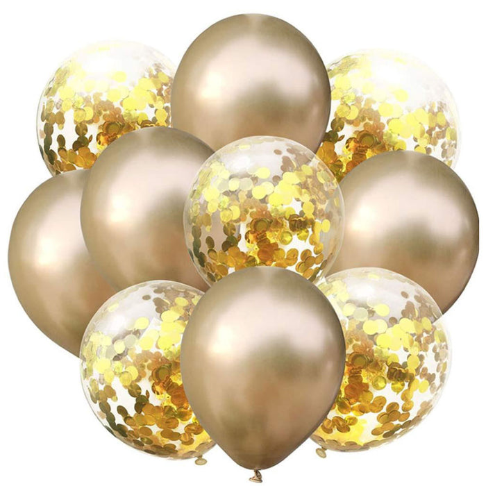 Kit 10 Globos 5 Chrome con 5 Confeti Dorado-Dorado Tamaño 12"