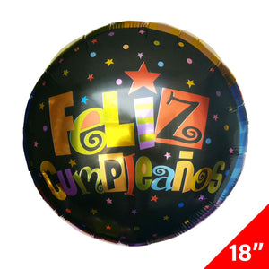 Globo Metálico Redondo Feliz Cumpleaños 18" Negro/Estrellas