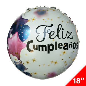 Globo Metálico Redondo Feliz Cumpleaños 18" Blanco/Estrellas