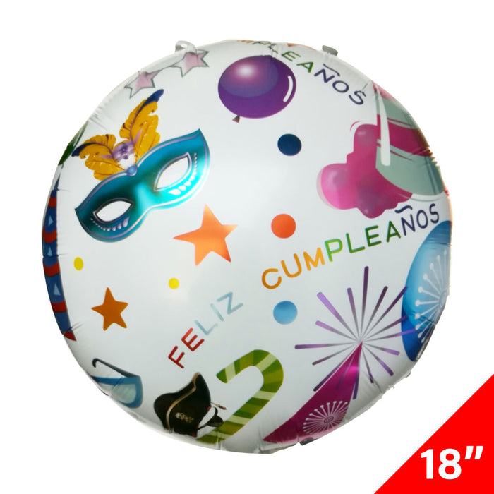 Globo Metálico Redondo Feliz Cumpleaños 18" Blanco/Carnaval