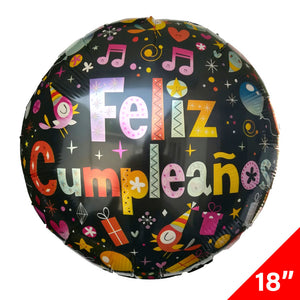 Globo Metálico Redondo Feliz Cumpleaños 18" Negro/Notas