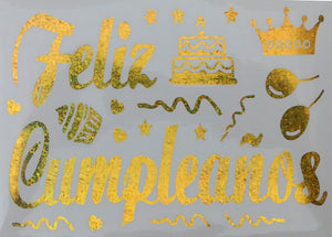 Calcomanía Pegatina para Globos frase "Feliz Cumpleaños" Dorado 27x19 cms.