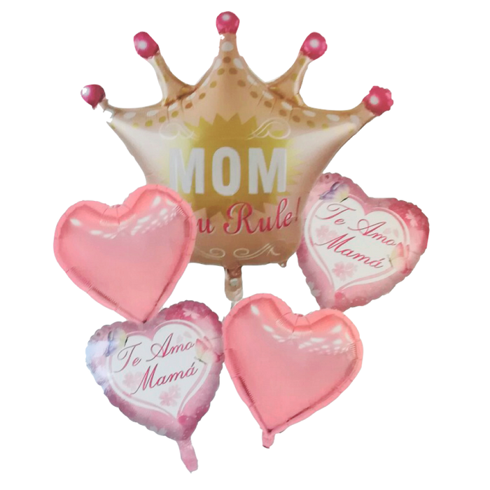 Set de 5 Globos Metálicos "Te Amo Mamá con Corona"