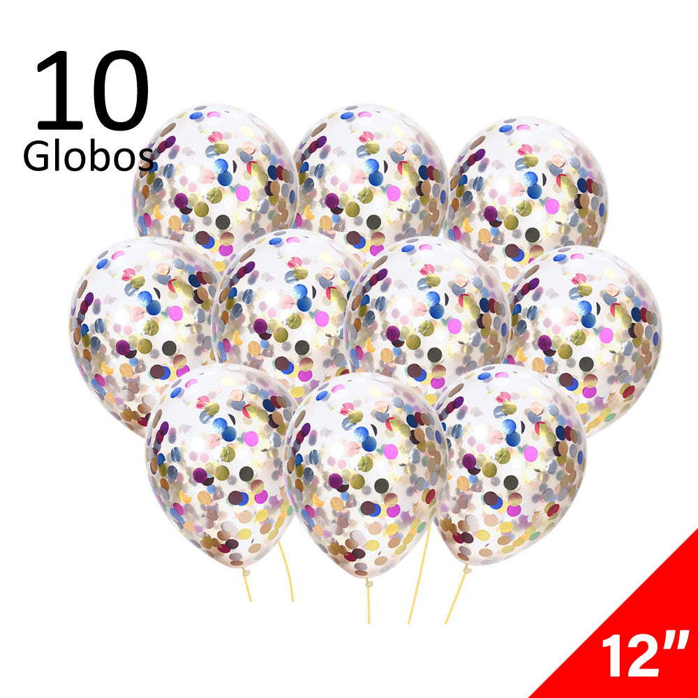 10 Globos Transparentes con Confeti Multicolor Tamaño 12 Látex