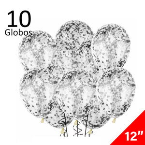 10 Globos Transparentes con Confeti Negro Tamaño 12" Látex