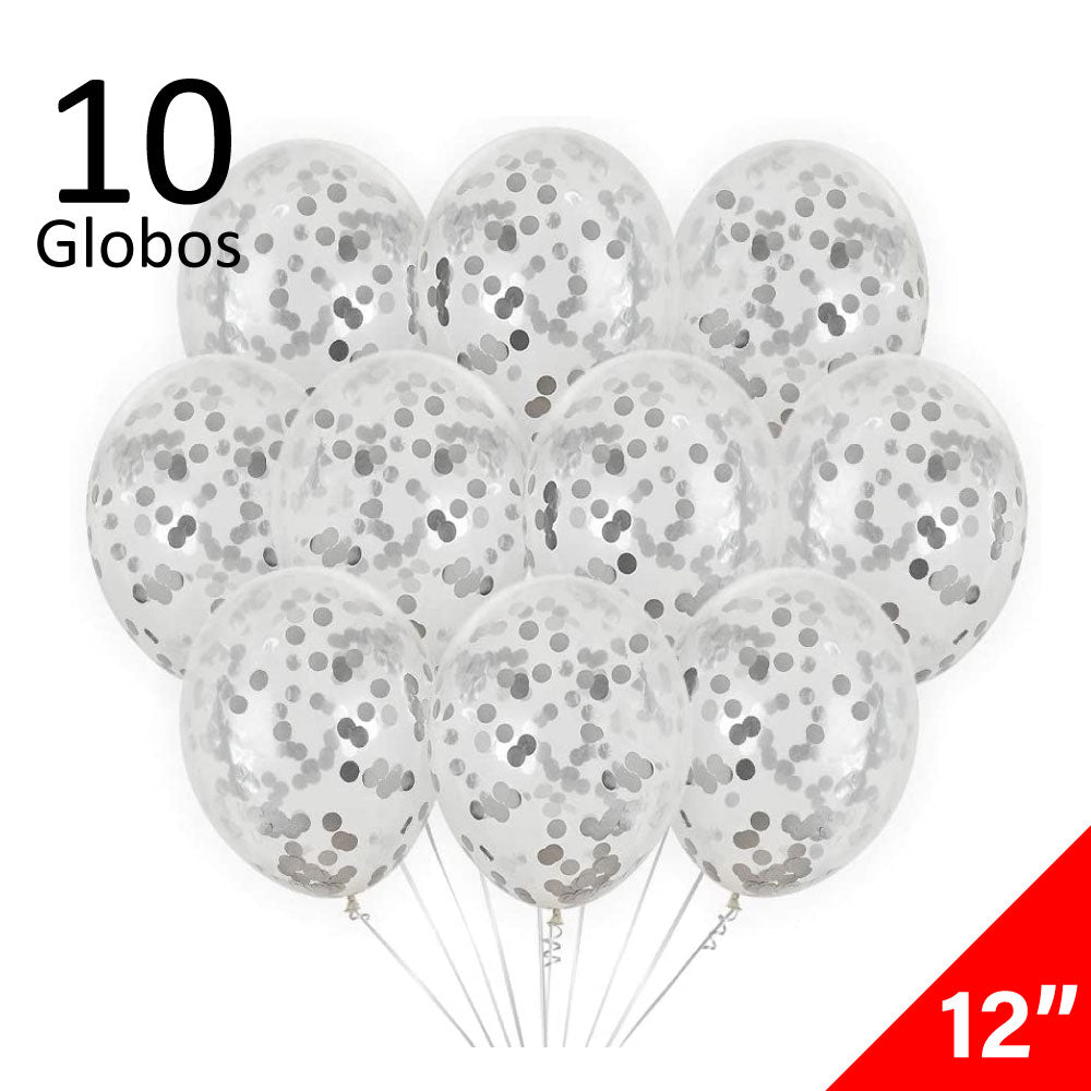 10 Globos Transparentes con Confeti Plateado Tamaño 12 Látex –