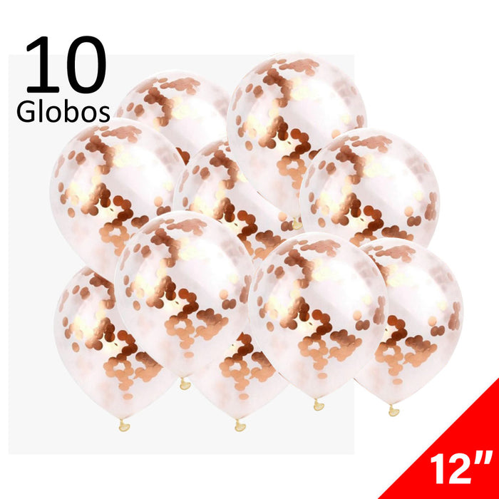 10 Globos Transparentes con Confeti Rosa Gold Tamaño 12" Látex