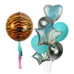 Kit de 8 Globos con Globo Esférico 4D y Flecos - Azul con Tigre