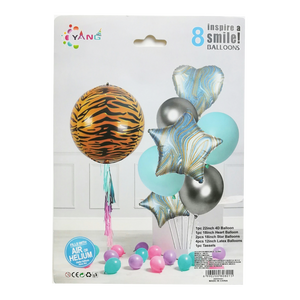 Kit de 8 Globos con Globo Esférico 4D y Flecos - Azul con Tigre