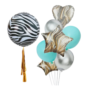 Kit de 8 Globos con Globo Esférico 4D y Flecos - Azul con Zebra