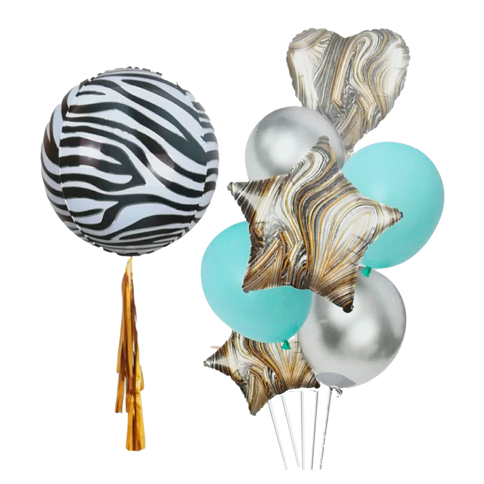 Kit de 8 Globos con Globo Esférico 4D y Flecos - Azul con Zebra