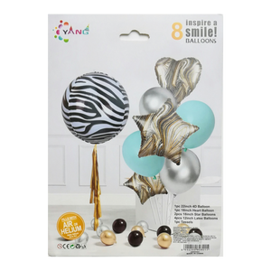 Kit de 8 Globos con Globo Esférico 4D y Flecos - Azul con Zebra